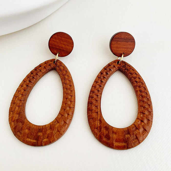 Vintage Log Bohemian Style Hollow Solid Wood Water Drop Earrings Jewelry