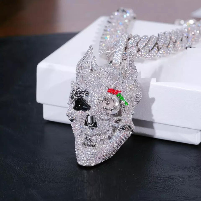 Rock Punk Men CZ Big 3D Shaped Skull Necklace