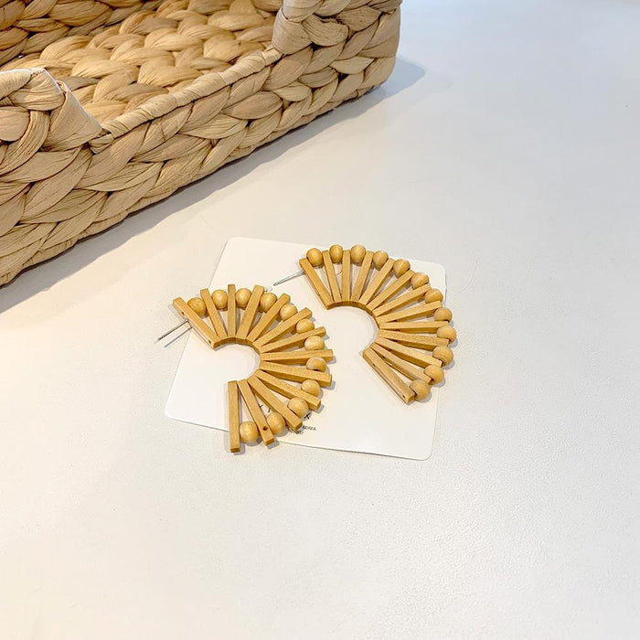 Exaggerated Fan-shaped Hollowed Round Wooden Earrings Female