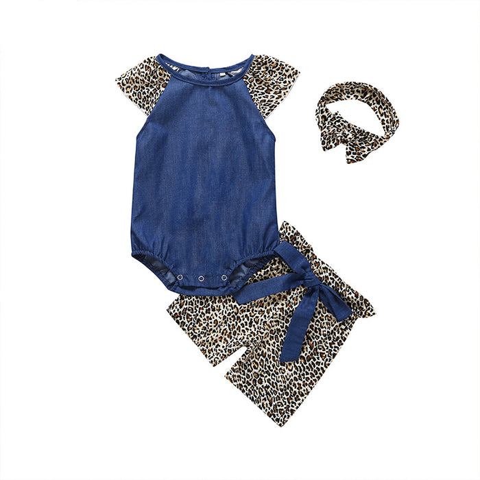 Baby Girl's Clothing Set Blue Leopard print Jumpsuit Shorts Set