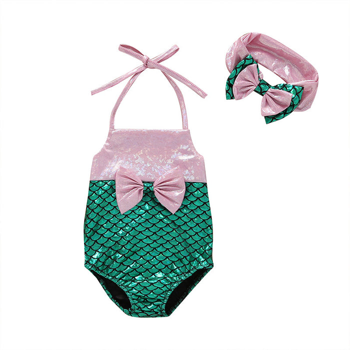 Girls Lovely Mermaid Suspender One-piece Swimsuit Set