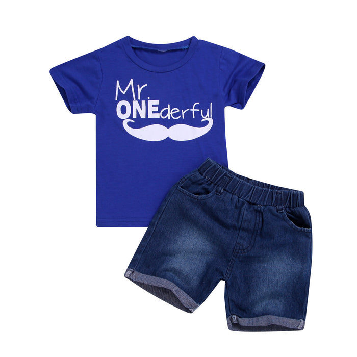 Round neck short sleeved shirt Denim Shorts Set