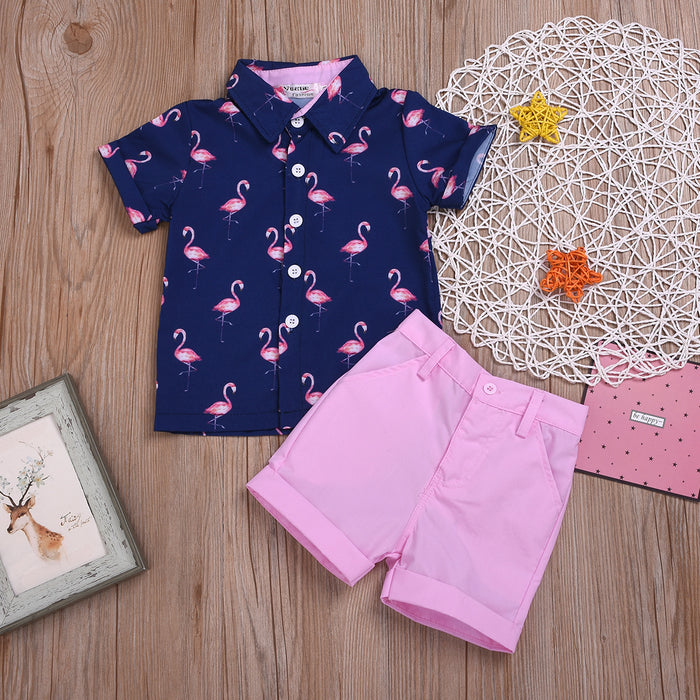 Boys' printed short sleeved Lapel shirt Shorts Set