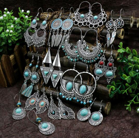 65 PAIRS Vintage Women's Turquoise Silver Earrings