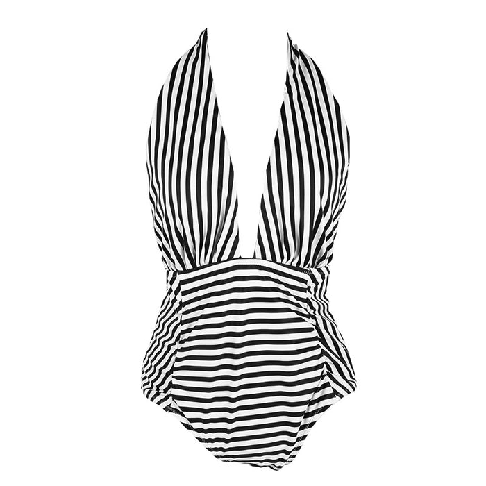 Sexy Stripe Deep V-neck One-piece Bikini Swimsuit