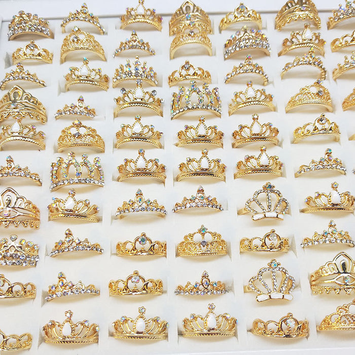 100Pcs Gold Plated Shine Crown Crystal Rings,Assorted style