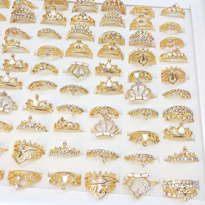 100Pcs Gold Plated Shine Crown Crystal Rings,Assorted style