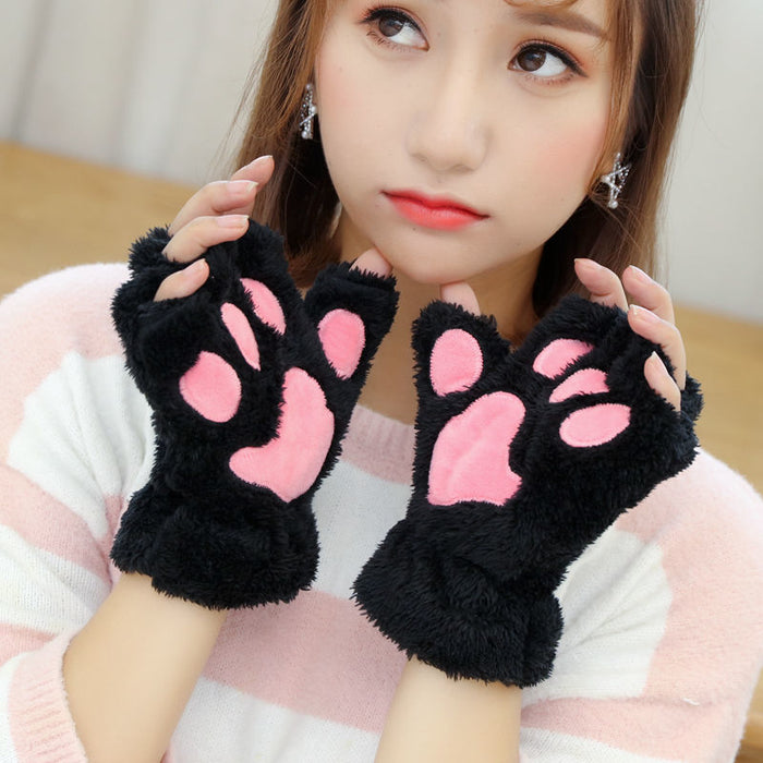 Bear Embroidery Soft Plush Gloves Women Winter Warm