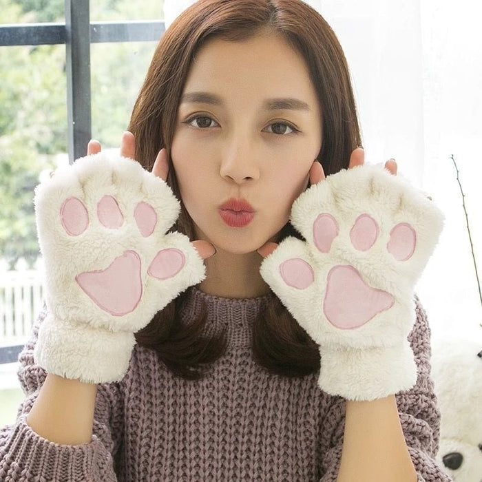Bear Embroidery Soft Plush Gloves Women Winter Warm