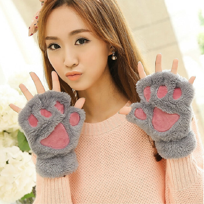 Bear Embroidery Soft Plush Gloves Women Winter Warm