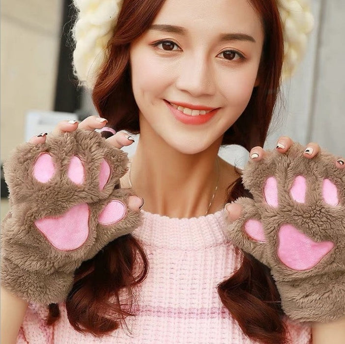 Bear Embroidery Soft Plush Gloves Women Winter Warm