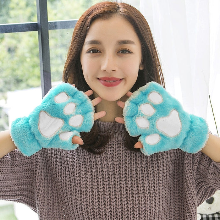 Bear Embroidery Soft Plush Gloves Women Winter Warm