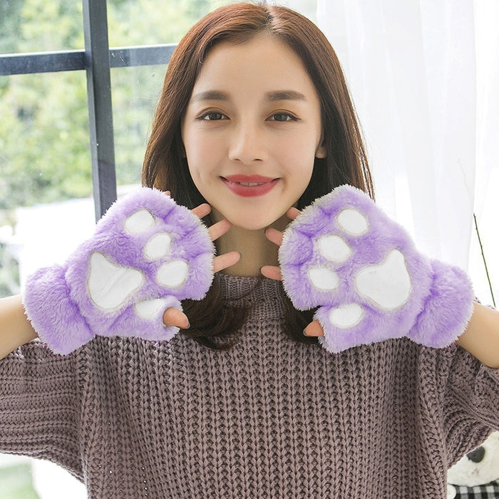 Bear Embroidery Soft Plush Gloves Women Winter Warm