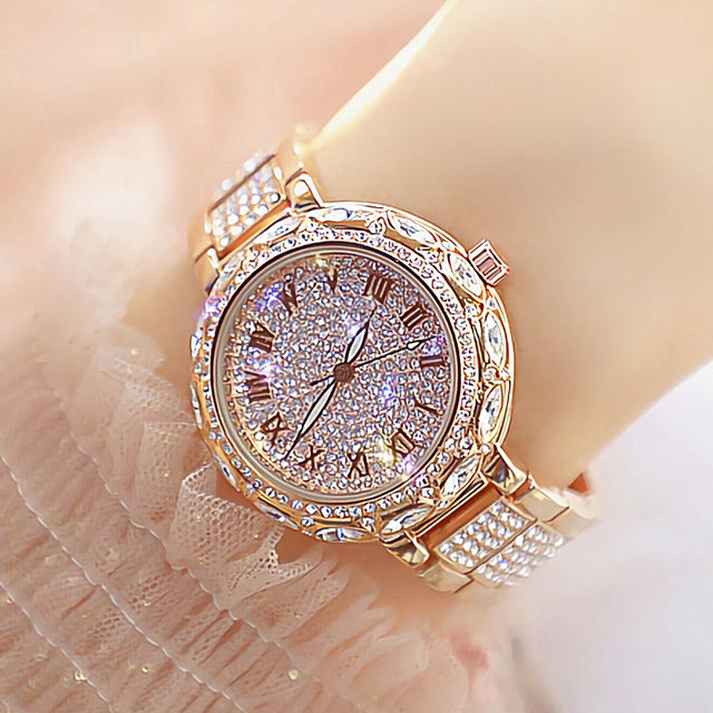 Fashion Stainless Steel Rhinestone Crystal Ladies Quartz Watch Dress Clock