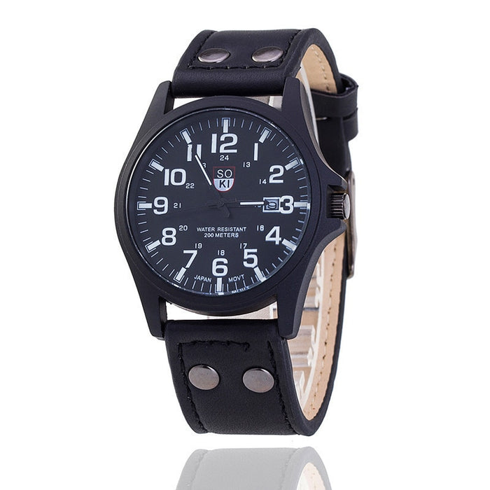 SOKI Men Watches Casual Leather Strap Number Dial Quartz Wristwatch