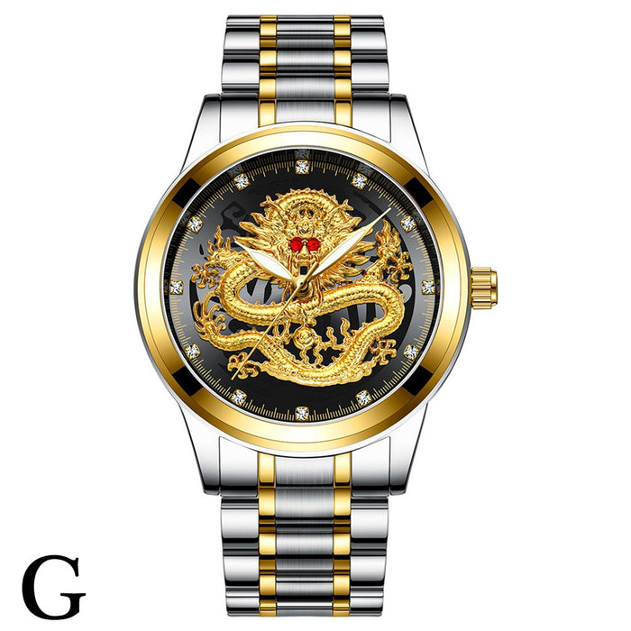 FNGEEN Brand Men Watch 3D Dragon Face Luxury Gold Male Quartz Watch