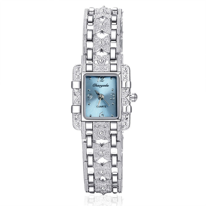 Women Watch Rectangle Dial Silver Stainless Steel Crystal Watches Fashion Quartz