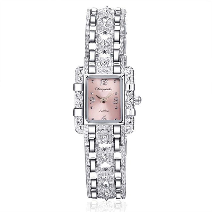 Women Watch Rectangle Dial Silver Stainless Steel Crystal Watches Fashion Quartz