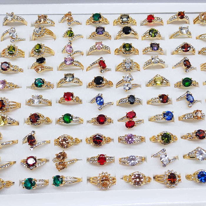 100Pcs Gold Plated Colorful Zircon Ring,Assorted style