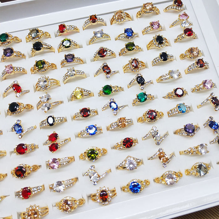 100Pcs Gold Plated Colorful Zircon Ring,Assorted style
