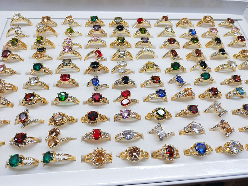 100Pcs Gold Plated Colorful Zircon Ring,Assorted style