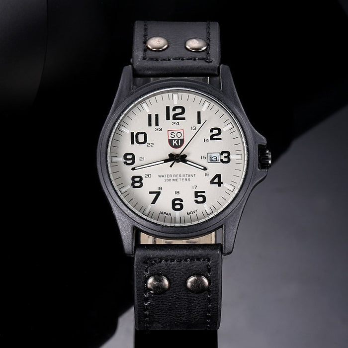 SOKI Men Watches Casual Leather Strap Number Dial Quartz Wristwatch