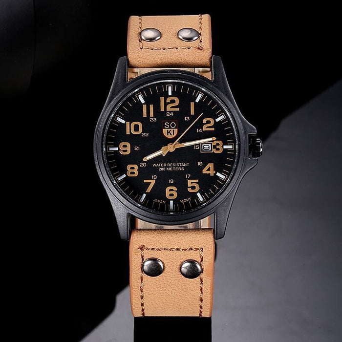 SOKI Men Watches Casual Leather Strap Number Dial Quartz Wristwatch