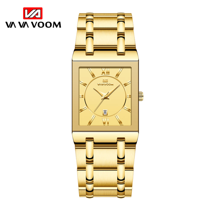 Simple Design Fashion Rectangular Black Gold Stainless Steel Calendar Waterproof Quartz Men Watches