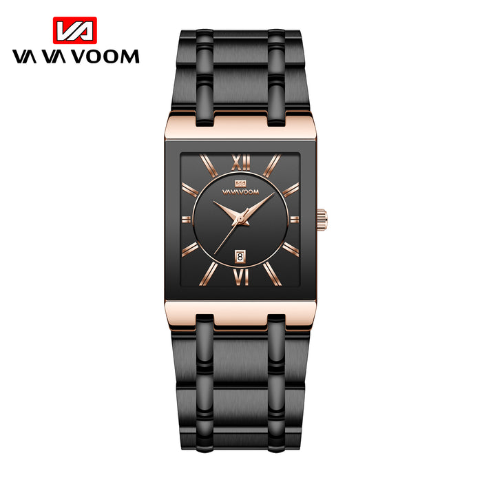 Simple Design Fashion Rectangular Black Gold Stainless Steel Calendar Waterproof Quartz Men Watches