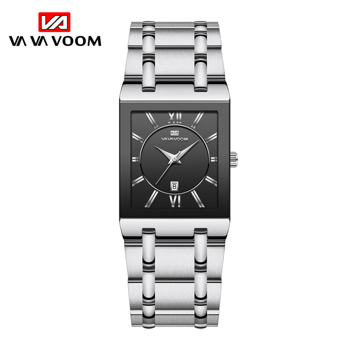 Simple Design Fashion Rectangular Black Gold Stainless Steel Calendar Waterproof Quartz Men Watches