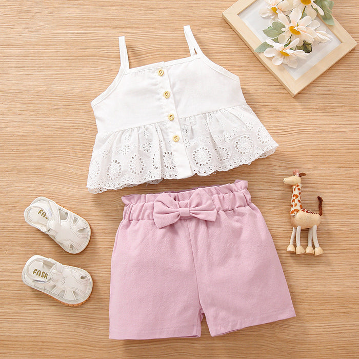 Suspender lace solid colour bow two piece set European and American girls' set cross border children's wear middle and small children