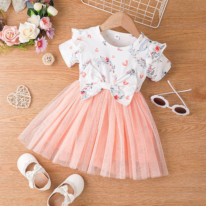 Girl's temperament bow stitched dress