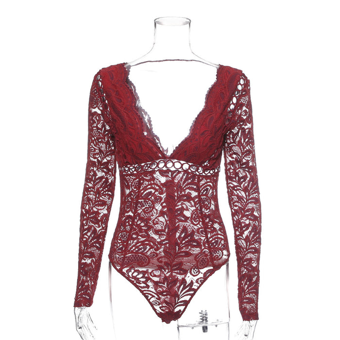 Women's Long Sleeve One-piece Underwear Lace V-neck Bodysuit