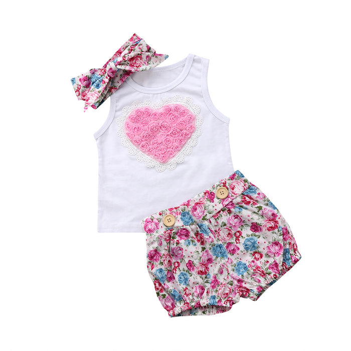 Love floral splicing Vest + floral suspender skirt + 3-piece set of hair accessories