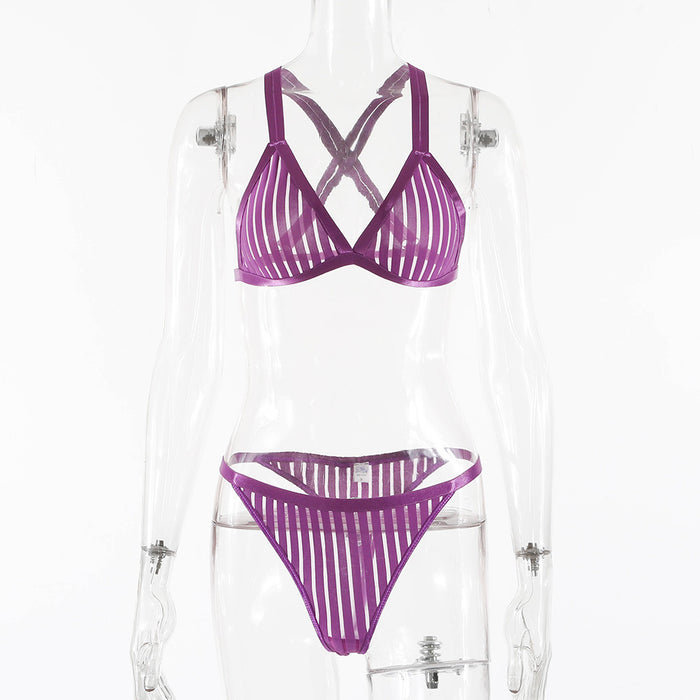 Women's Lace Stitching Underwear Striped Lingerie Set