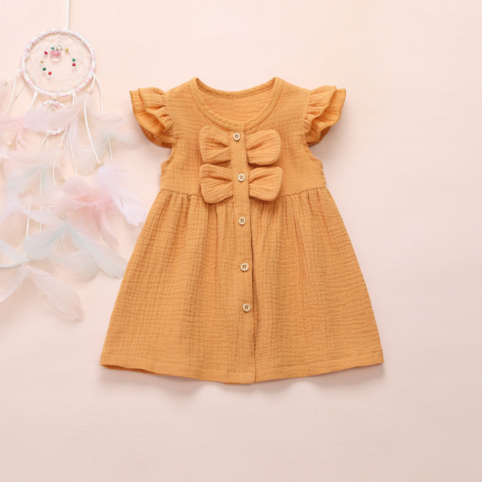 Cotton linen crepe small flying sleeve double bow stitched princess skirt