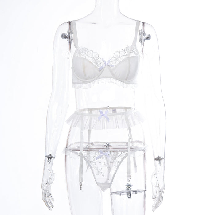 Women Lace Stitching Lingerie Mesh Underwear Three-piece Set