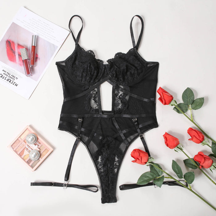 Sexy Lace Hollow Underwear Women Bodysuit with Garter