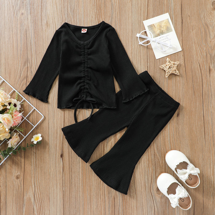 Multicolor pit lace up long sleeved top flared trousers