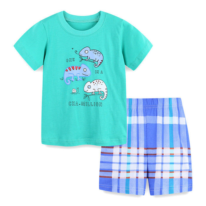 Knitted cotton boys' short sleeve two piece cartoon round neck children's set