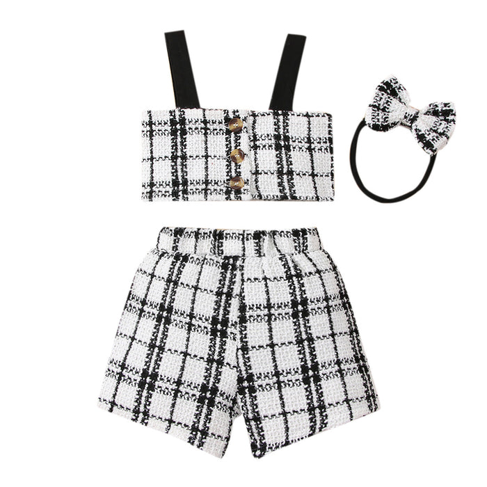Suspender small fragrant wind Plaid Shorts baby three piece set