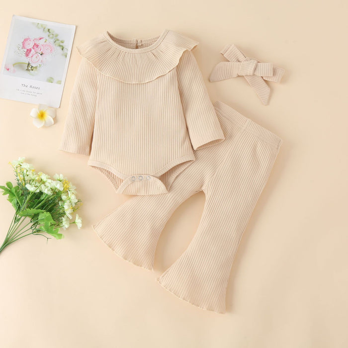 Infant solid color pit strip cotton long sleeved ruffled Khaki flared pants three piece set