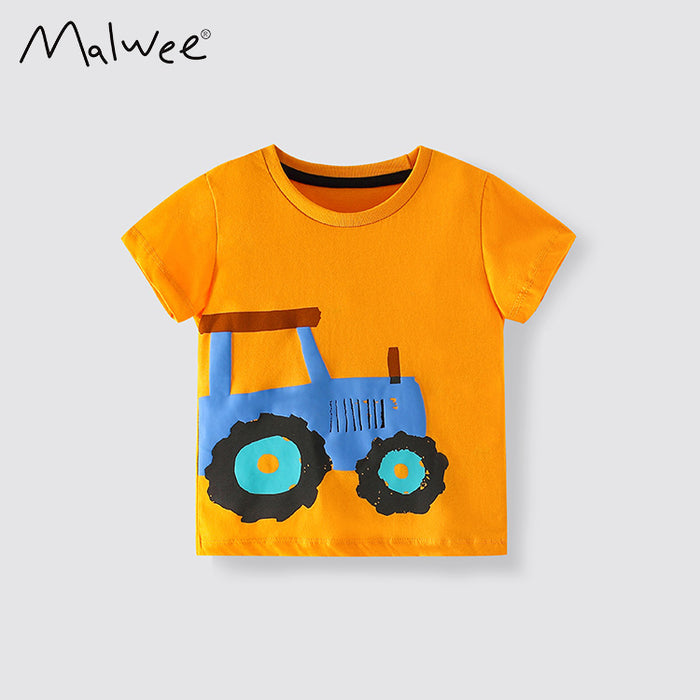 Middle and small children's yellow handsome round neck T-shirt