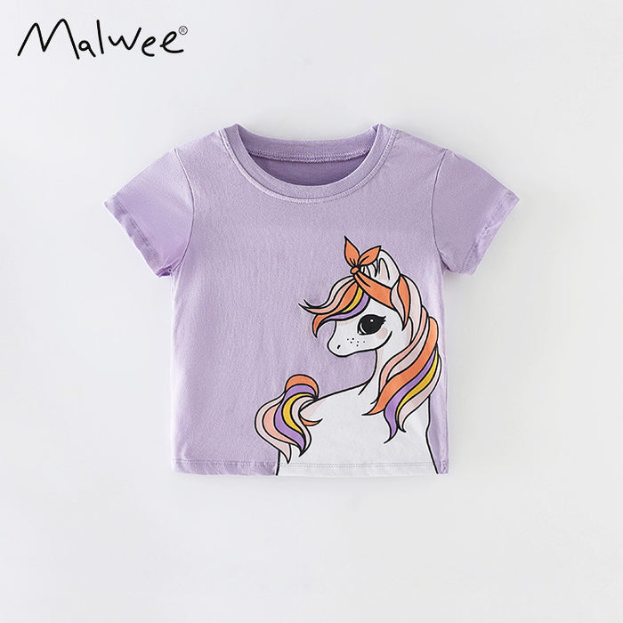Girls' cartoon cotton short sleeve round neck T-shirt