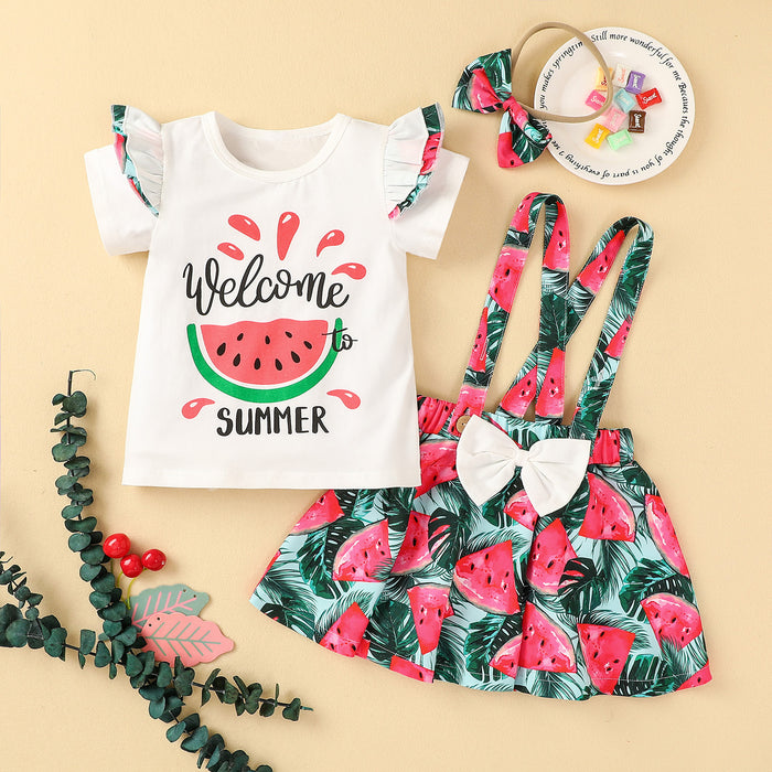 Seasonal strawberry full print strap skirt three pieces