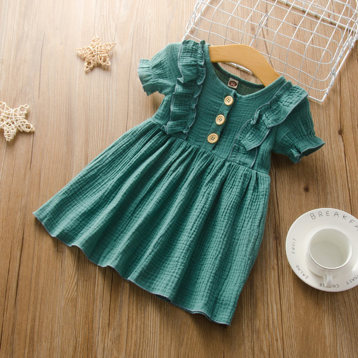 Cotton linen short sleeve stitched girls dress
