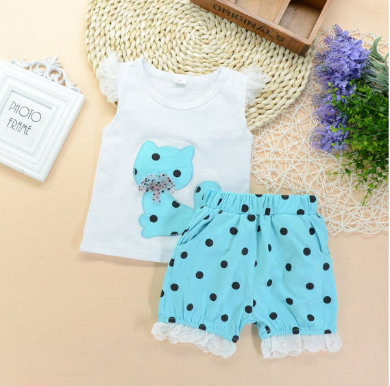 Sleeveless Kitty Polka Dot lace shorts two piece set