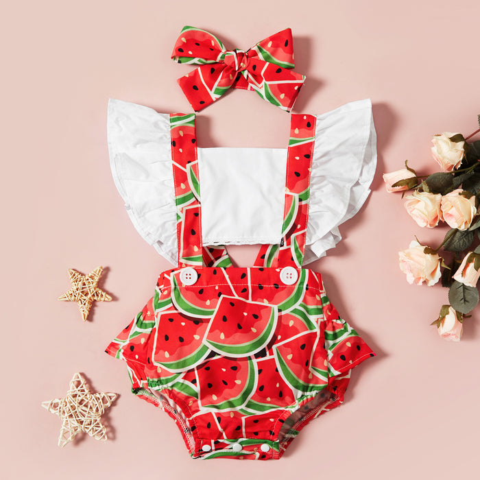 Watermelon strawberry printed baby backless lace up climbing suit two piece set