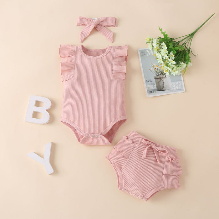 Children's wear solid color pit strip cotton sleeveless khaki shorts three piece set multicolor