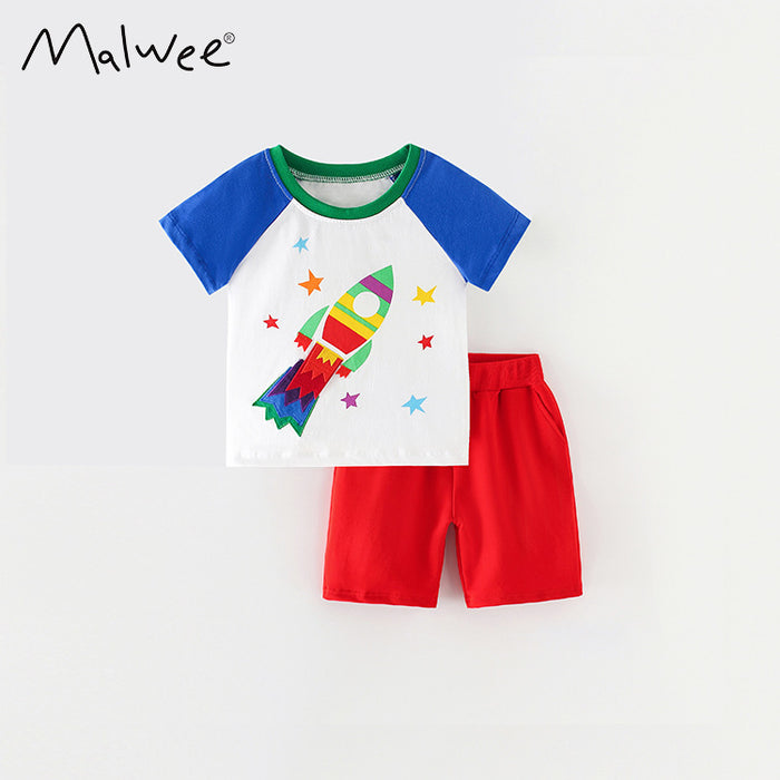 Boy's cartoon cotton trousers short sleeves two overalls